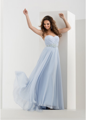Sexy Strapless Sweetheart Neck Sky Blue Chiffon Ruched Evening Dress With Beaded Sash
